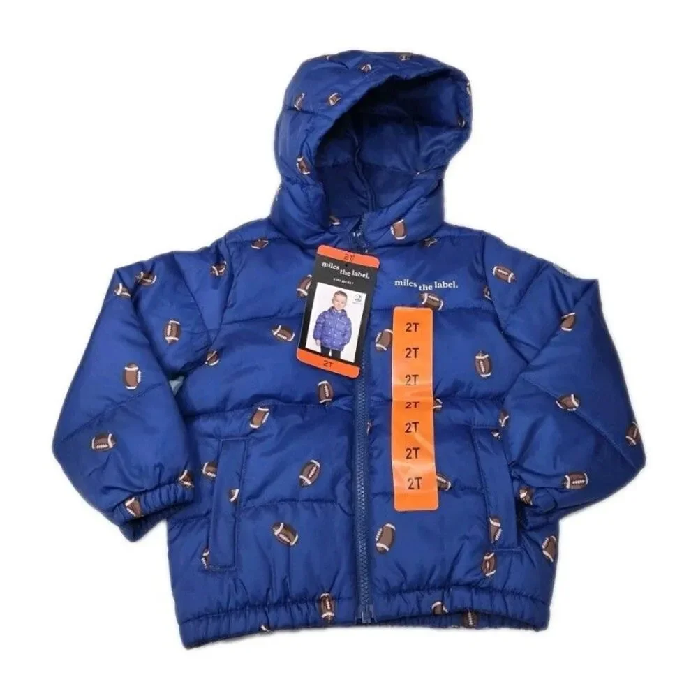 New Miles The Label Hooded Puffer‎ Jacket Boys 2T Blue With Footballs